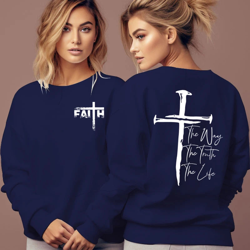 The Way The Truth The Life Print Sweatshirt Women Jesus Cross O-Neck Hoodless Pullover Religion Faith Christianity Female Hoodie Havre de foi