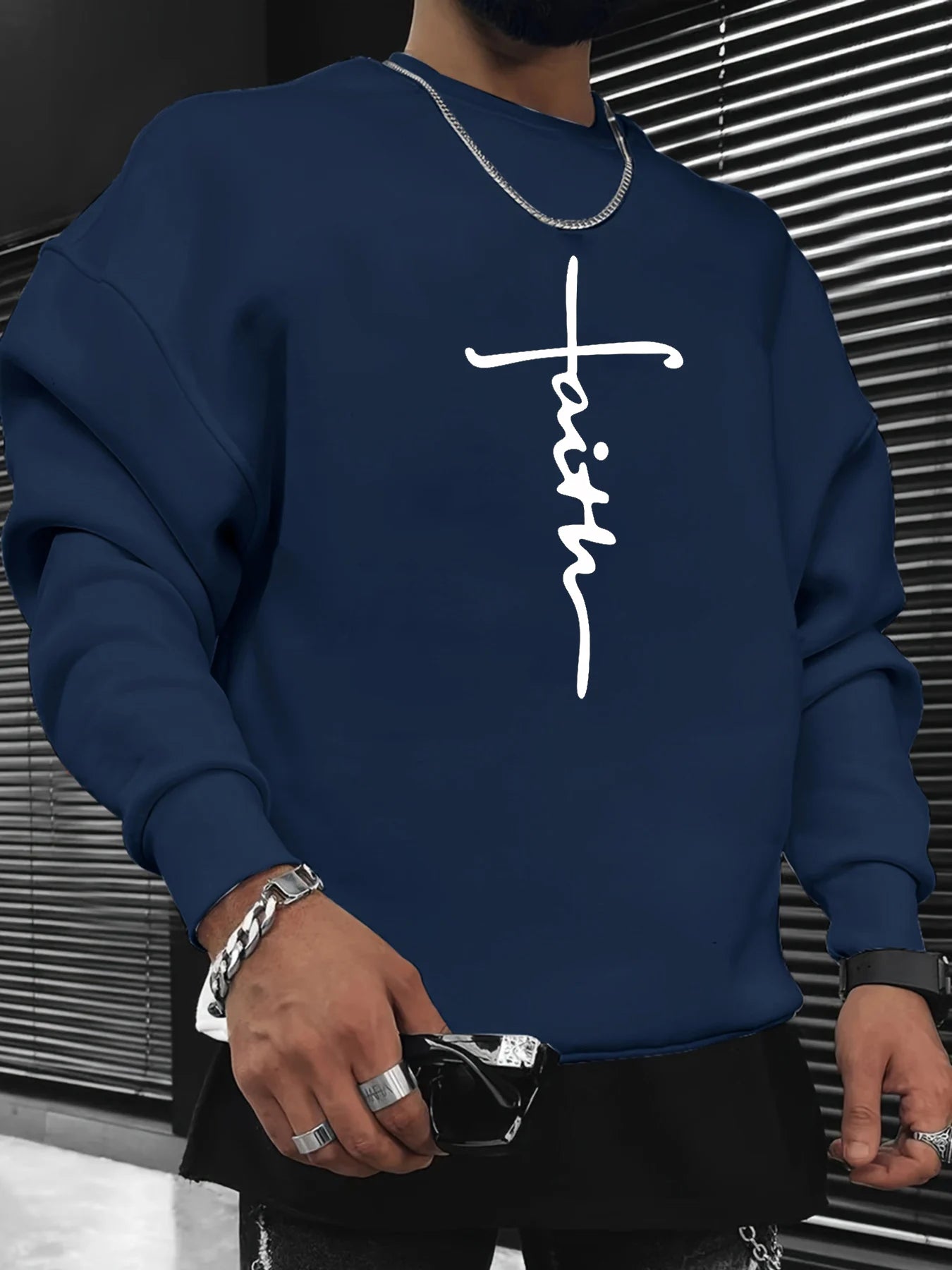 Men's autumn and winter fashionable casual loose cross faith graphic printed long sleeved round neck sweatshirt Havre de foi