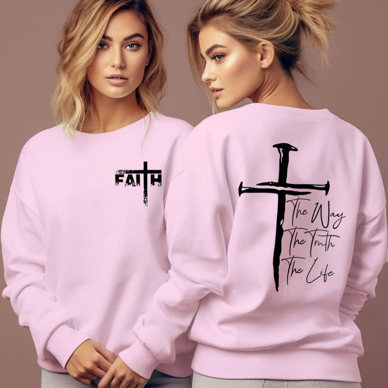 The Way The Truth The Life Print Sweatshirt Women Jesus Cross O-Neck Hoodless Pullover Religion Faith Christianity Female Hoodie Havre de foi