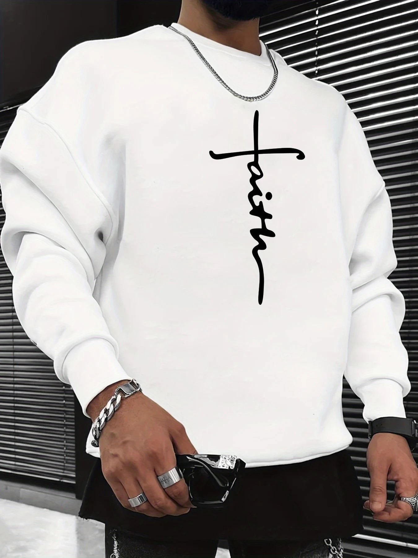 Men's autumn and winter fashionable casual loose cross faith graphic printed long sleeved round neck sweatshirt Havre de foi