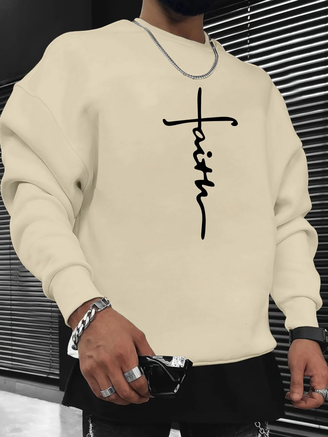Men's autumn and winter fashionable casual loose cross faith graphic printed long sleeved round neck sweatshirt Havre de foi