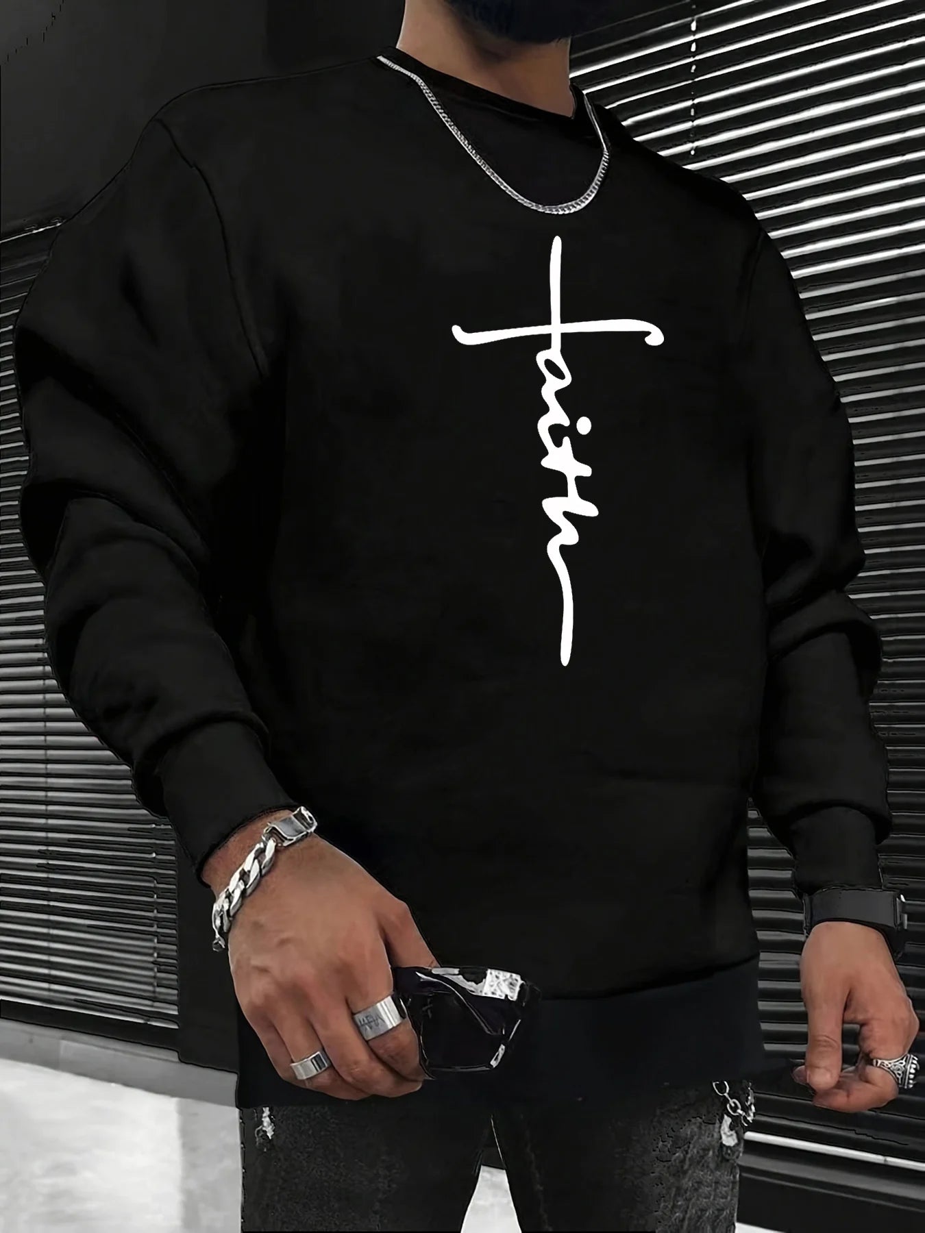Men's autumn and winter fashionable casual loose cross faith graphic printed long sleeved round neck sweatshirt Havre de foi