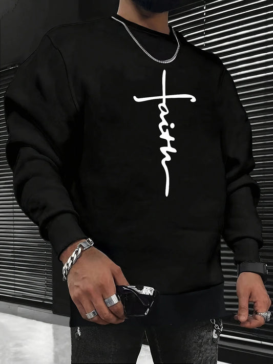 Men's autumn and winter fashionable casual loose cross faith graphic printed long sleeved round neck sweatshirt Havre de foi