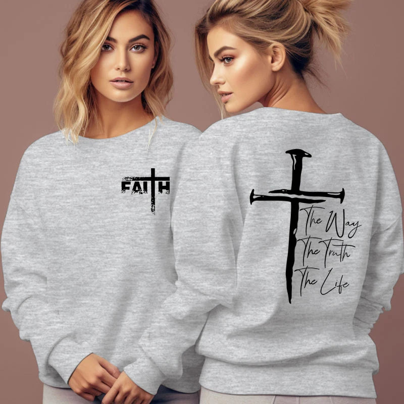 The Way The Truth The Life Print Sweatshirt Women Jesus Cross O-Neck Hoodless Pullover Religion Faith Christianity Female Hoodie Havre de foi