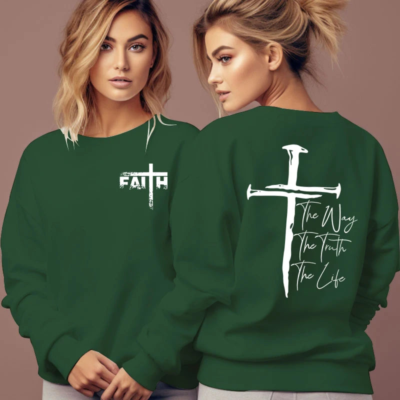 The Way The Truth The Life Print Sweatshirt Women Jesus Cross O-Neck Hoodless Pullover Religion Faith Christianity Female Hoodie Havre de foi