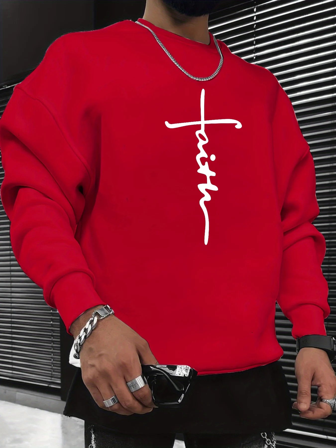 Men's autumn and winter fashionable casual loose cross faith graphic printed long sleeved round neck sweatshirt Havre de foi